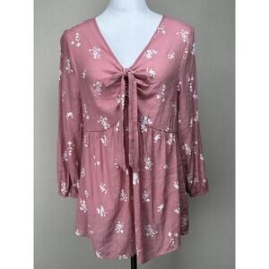 Cato Women’s Top Blouse Sz L Mauve White Florals Baby Doll Tunic Long Sleeve